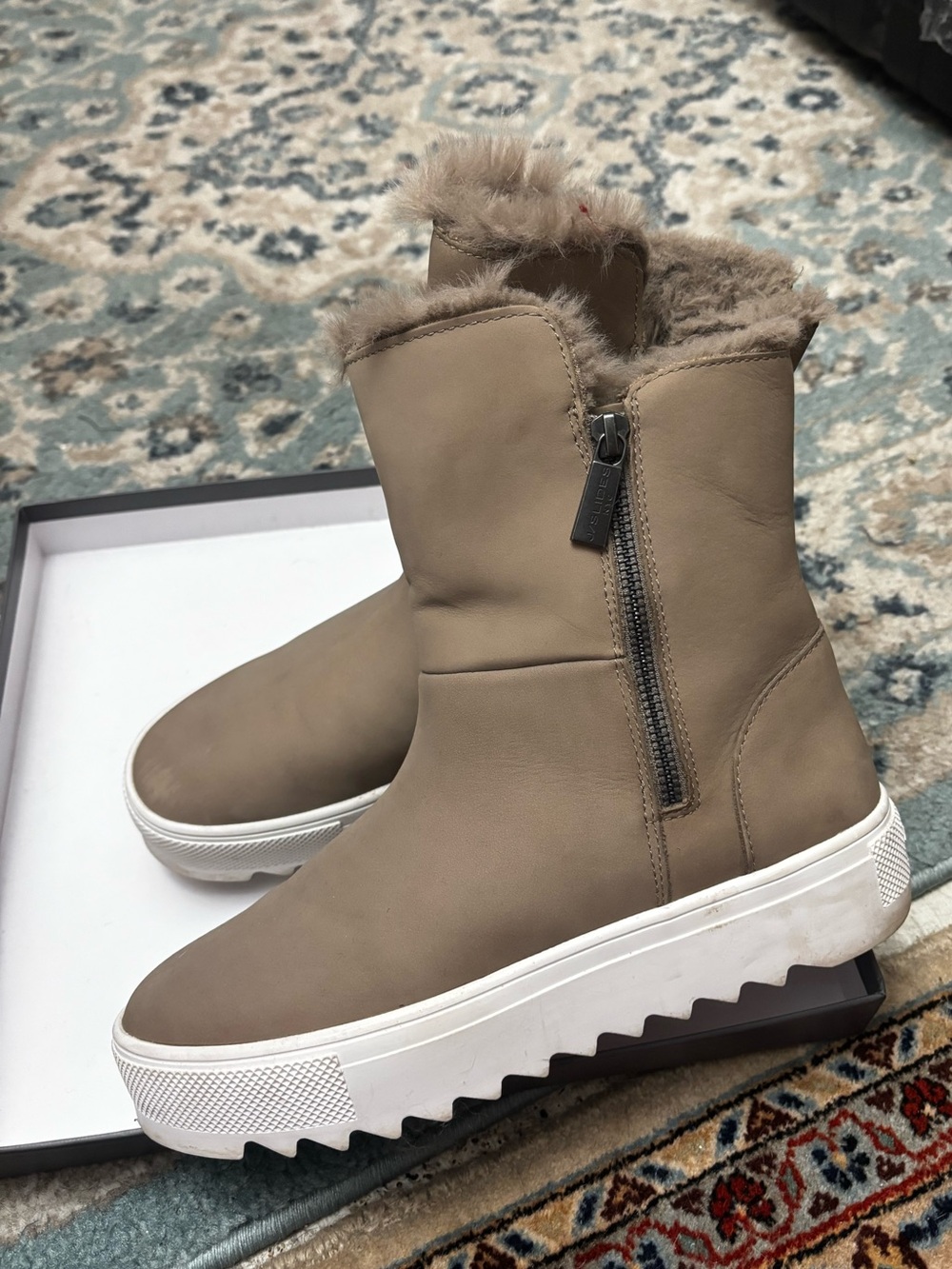 J-Slides Waterproof Leather Taupe Fur Zip-Up Platform Boot